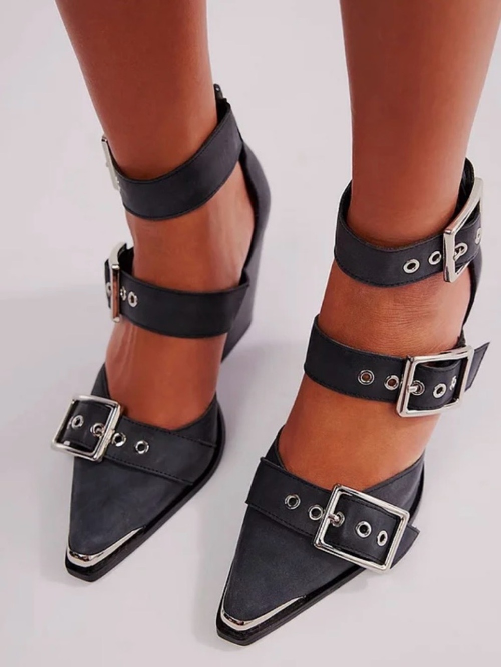 Jeffrey Campbell Black Pointed Triple-Strap Buckle Heels